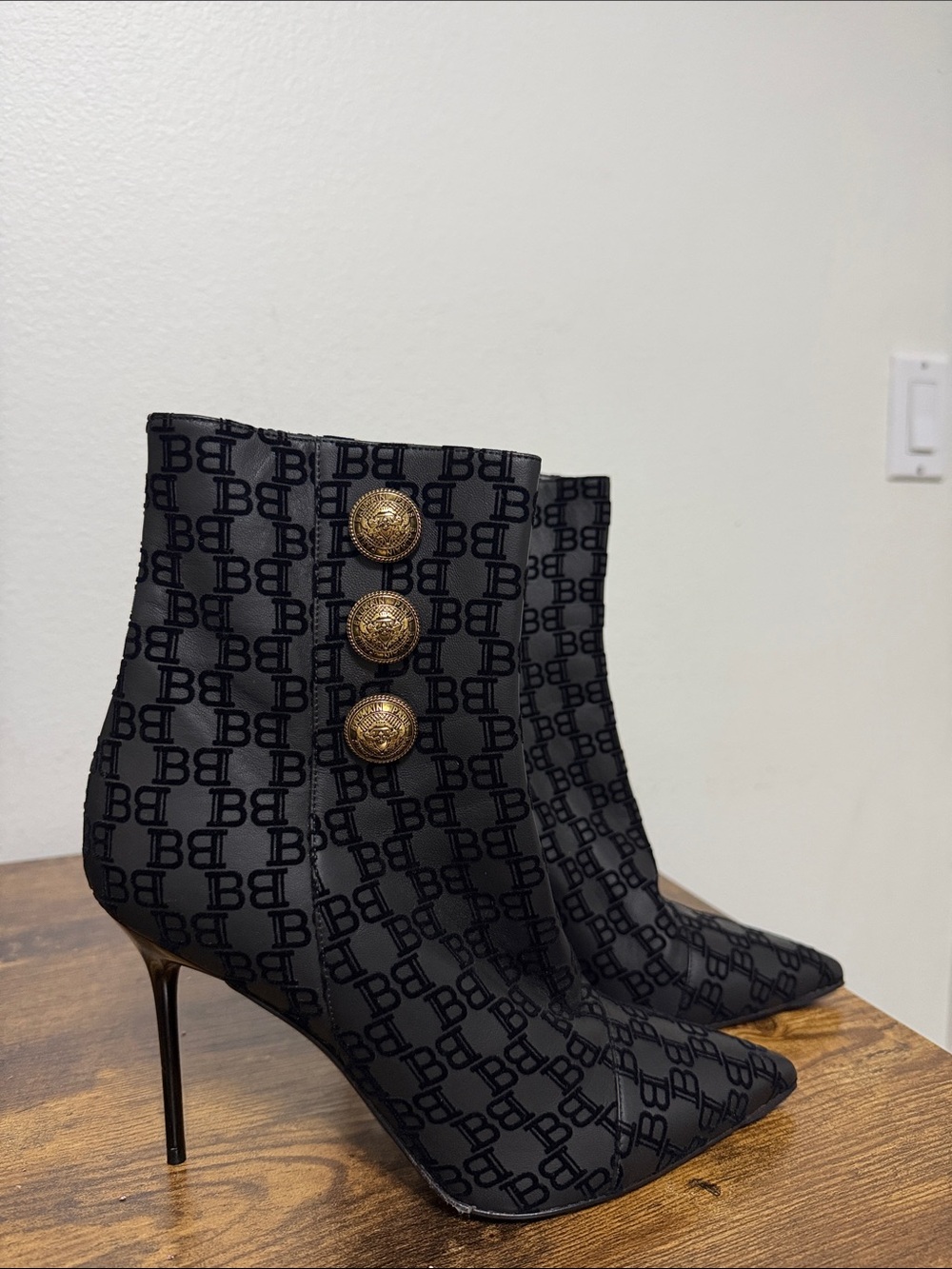 Balmain Black BB Monogram Roni Ankle Boots with Gold Buttons